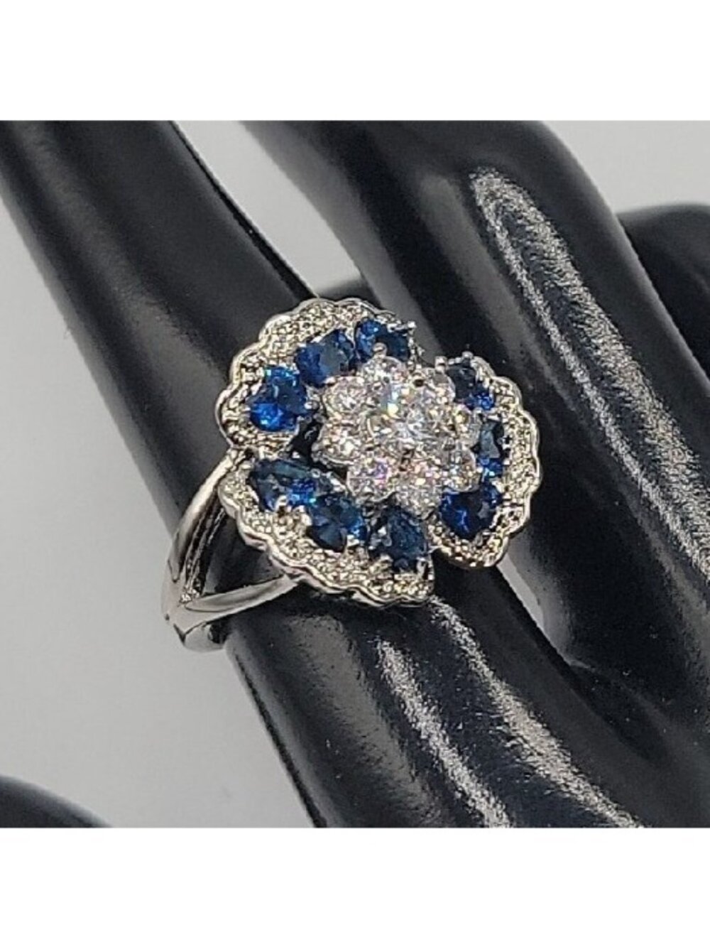 Sterling Silver Crystal Flower Ring Blue Clear Stones 925 Ruffled Petals SZ 9 - Picture 4 of 16
